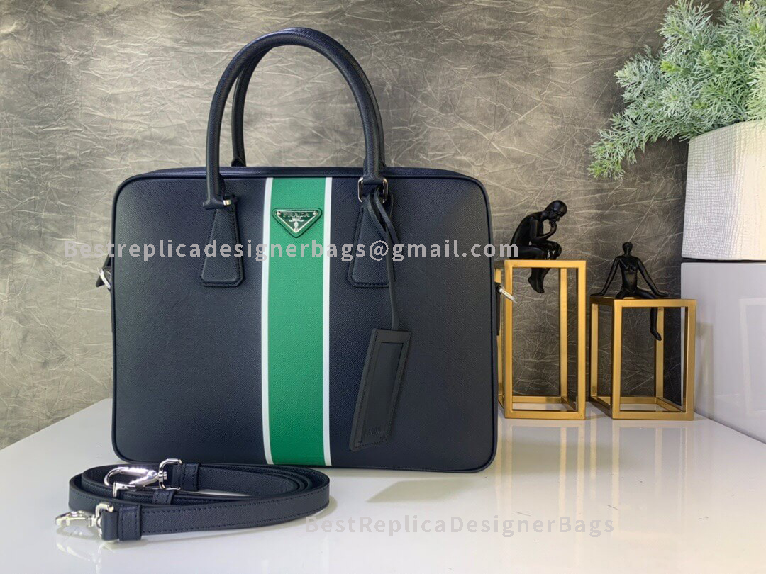 Prada Black And Green Saffiano Cuir Leather Bandoleer Briefcase SHW 368